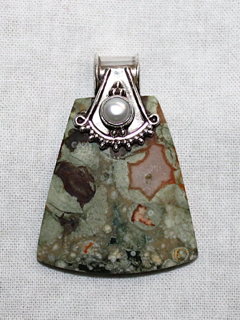 Sterling Silver Green Jasper & Cultured Pearl Slider Pendant